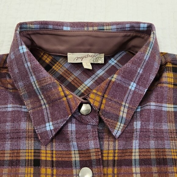 Mystree Shacket Women's Small Purple Brown Long Sleeve Snaps EUC LN Heavy Task - Picture 4 of 16